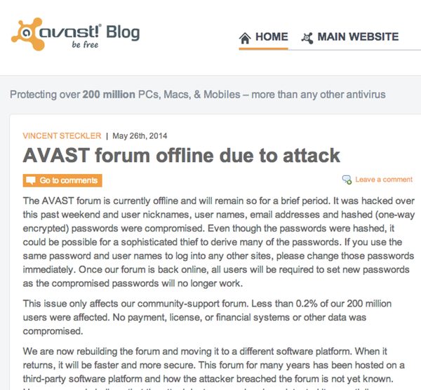AVAST forum hacked notification