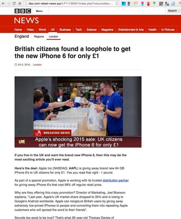 Fake BBC News webpage
