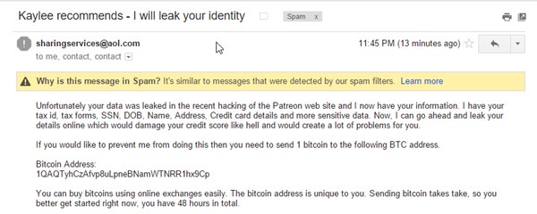 Patreon extortion email